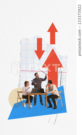 Vibrant collage. Team examining oversized red arrows symbolizing dramatic market shifts. 133373922