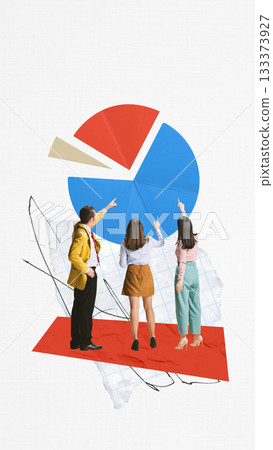 Colorful collage. Three colleagues pointing at a giant pie chart in bold geometric shapes. 133373927