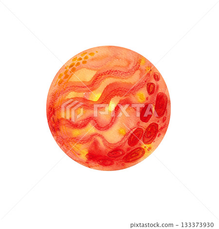 A stylized children's illustration of the Red Planet in watercolor and pencil. Isolated illustration for children's textile design and space-themed parties. 133373930