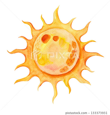 A stylized children's illustration of the sun, drawn in watercolor and pencil. Isolated illustration for children's textile design, printed materials, and holiday products. A stylized children's illustration of the sun, drawn in watercolor and pencil. Isolated illustration for children's textile design, printed materials, and holiday products. 133373931