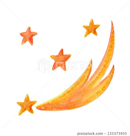Orange-yellow stars and a comet. Children's watercolor and pencil illustrations for textile and holiday design. 133373935
