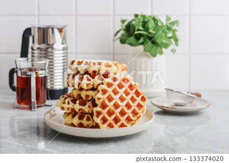 Stack of fresh homemade waffles 133374020