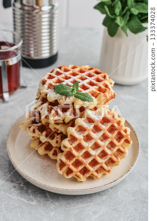 Stack of fresh homemade waffles 133374028