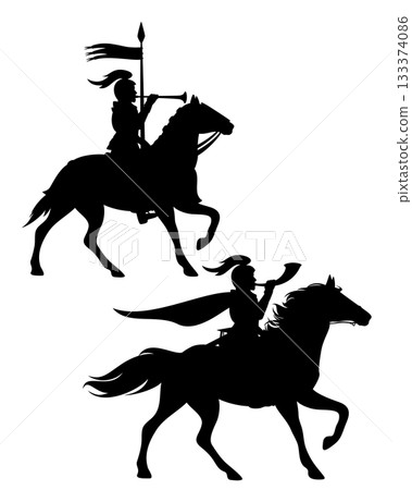 medieval knight herald blowing horn and riding horse black vector silhouette medieval knight herald blowing horn and riding horse black vector silhouette 133374086