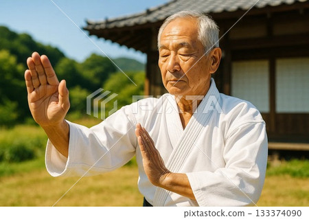 A lively senior man practicing martial arts in nature 133374090