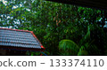 gloomy rainy shelter, rainsoaked tropical shelter featuring dripping eaves and moody ambiance 133374110