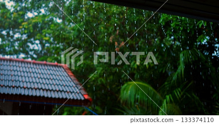 gloomy rainy shelter, rainsoaked tropical shelter featuring dripping eaves and moody ambiance gloomy rainy shelter, rainsoaked tropical shelter featuring dripping eaves and moody ambiance 133374110