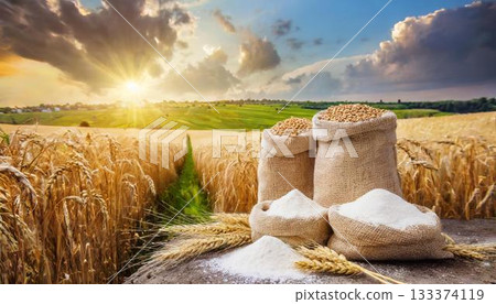 wheat field and flour on sunset wheat field and flour on sunset 133374119