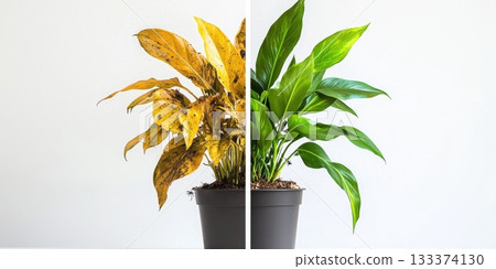 Healthy and unhealthy plant comparison in pot on clean background 133374130