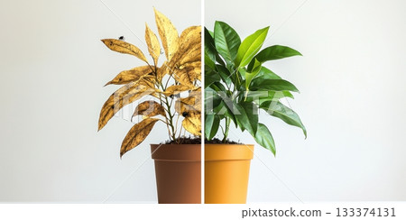 Before and after concept showing dying and thriving plant leaves in pot on clean background 133374131