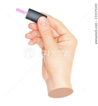 Woman hand holds cosmetic nail polish brush, isolated on transparent background, cosmetic concept. Contemporary art design Woman hand holds cosmetic nail polish brush, isolated on transparent background, cosmetic concept. Contemporary art design 133374193