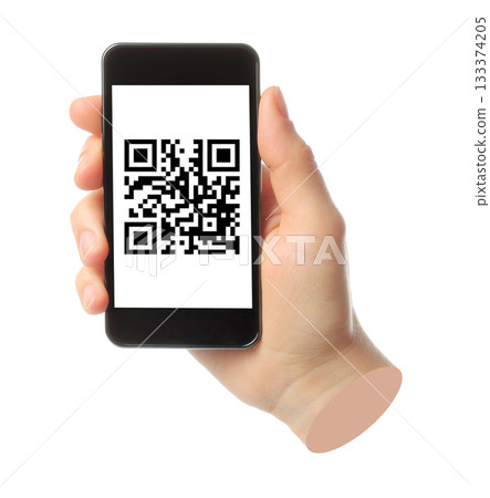 Hand holds smart phone with QR-code, isolated on transparent background, technology and gadgets concept. Contemporary art design 133374205