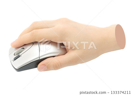 Hand holds a computer mouse, isolated on transparent background, technology concept. Contemporary art design 133374211