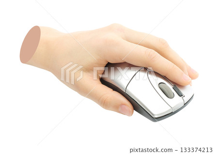 Hand holds a computer mouse, isolated on transparent background, technology concept. Contemporary art design 133374213