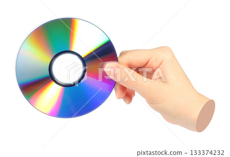 Hand holds cd compact disk, isolated on transparent background, retro teachnology concept. Contemporary art design 133374232