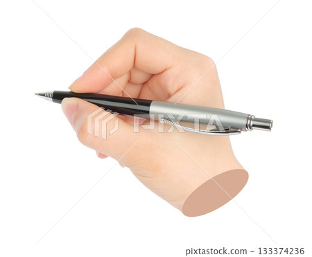 Hands with business pen isolated on transparent background. Contemporary art design 133374236