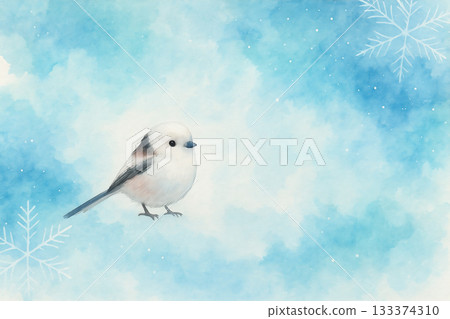 冬季主題動物：長尾山雀，水彩和粉彩風格 133374310
