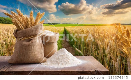 sack of wheat on the wooden table 133374345