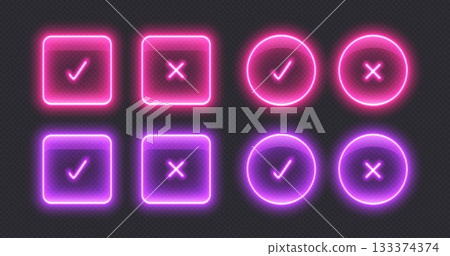 Neon checkmark icons, glowing check buttons, illuminated signs. Neon checkmark icons, glowing check buttons, illuminated signs. 133374374