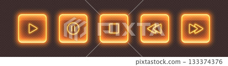 Neon media player buttons. Glossy glowing audio control icons. 133374376