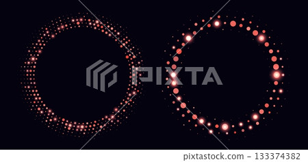 Red halftone frames, glowing circle borders, round pattern with dots, radial disco luxury design element. Red halftone frames, glowing circle borders, round pattern with dots, radial disco luxury design element. 133374382