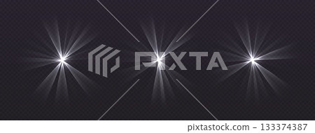 Party laser beams, white disco show spotlights, concert stage lights. Glowing show lasers. Magic rays for a dance party. 133374387