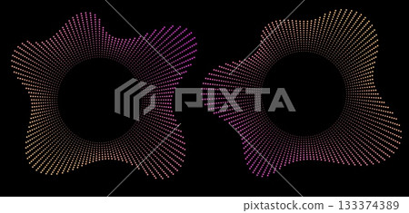 Sound equalizer icons with lines and dots, gradient neon circular sound wave frames, abstract radial music icons. 133374389