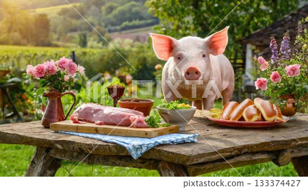 black pig with a basket of food 133374427