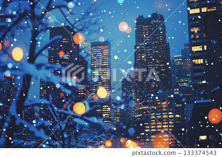 Snowy city buildings at night 133374543