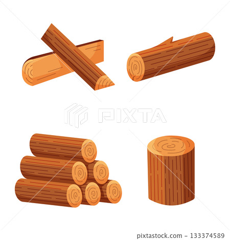 Set of lumber. Collection include wooden logs, stump, firewood and tree branch. Isolated vector illustration in cartoon flat style. Set of lumber. Collection include wooden logs, stump, firewood and tree branch. Isolated vector illustration in cartoon flat style. 133374589