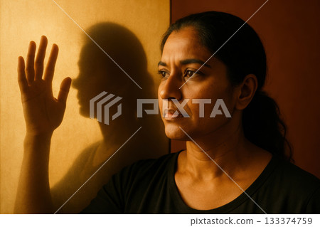 Thoughtful woman touching wall as warm light casts her shadow, evoking introspection and emotional solitude indoors, AI Generative 133374759