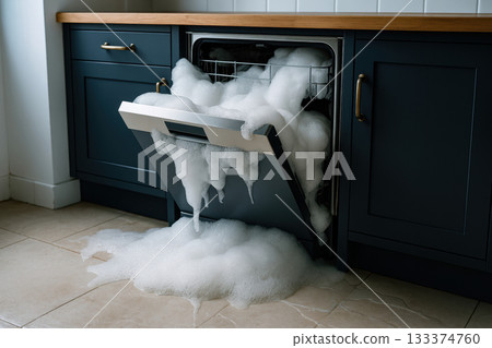 Dishwasher overflowing with soap suds and water leaking onto kitchen floor, causing household appliance malfunction and cleaning emergency, AI Generative 133374760