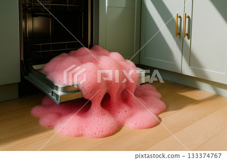 Open dishwasher overflowing with bright pink foam in a modern kitchen, soap suds spilling onto wooden floor under sunlight, AI Generative Open dishwasher overflowing with bright pink foam in a modern kitchen, soap suds spilling onto wooden floor under sunlight, AI Generative 133374767