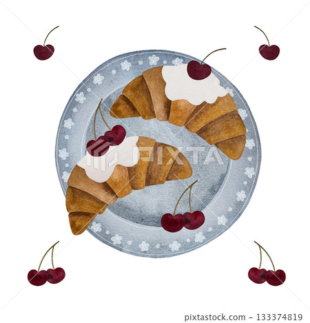 Watercolor cherry croissants. Two croissants with cherries on blue plate isolated on white background. 133374819