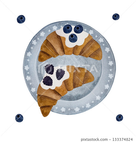 Watercolor berry croissants on blue plate. Two croissants with cream, blueberry, blackberry toppings on blue plate isolated on white. Watercolor berry croissants on blue plate. Two croissants with cream, blueberry, blackberry toppings on blue plate isolated on white. 133374824