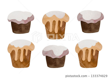 Watercolor assorted cupcakes. Light and dark cupcakes with various toppings isolated on white. Watercolor assorted cupcakes. Light and dark cupcakes with various toppings isolated on white. 133374829