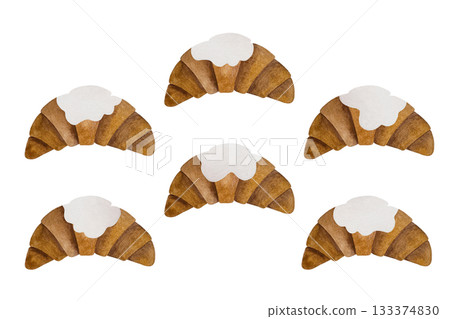 Watercolor assorted croissants. Croissants with cream toppings of various shapes isolated on white. Watercolor assorted croissants. Croissants with cream toppings of various shapes isolated on white. 133374830