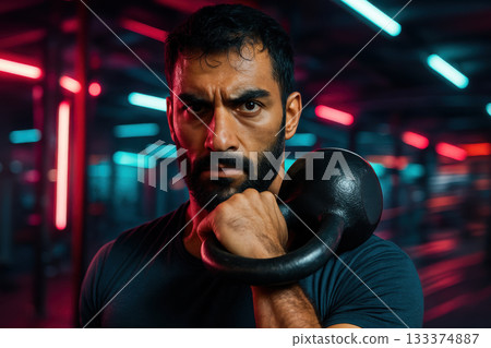 Focused athletic man lifting kettlebell in modern gym under vibrant neon lights during intense strength training workout session, AI Generative 133374887