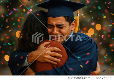 Emotional young graduate in cap and gown hugging loved one during celebration with colorful confetti and warm bokeh background, AI Generative 133374888