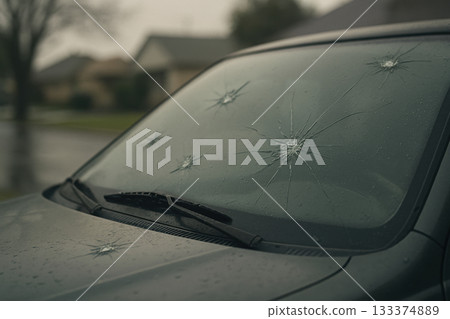 Windshield of parked car badly damaged with multiple cracks and impact marks after severe hailstorm in residential neighborhood, AI Generative Windshield of parked car badly damaged with multiple cracks and impact marks after severe hailstorm in residential neighborhood, AI Generative 133374889