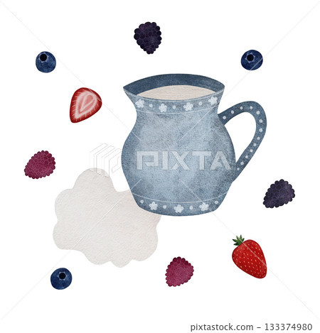 Watercolor creamer with berries. Blue creamer with spilled cream and various berries isolated on white. Watercolor creamer with berries. Blue creamer with spilled cream and various berries isolated on white. 133374980