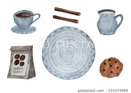 Watercolor coffee and milk set. Lace doily, blue cup of black coffee with saucer, creamer, coffee beans, cinnamon, chocolate cookies on white. 133374989