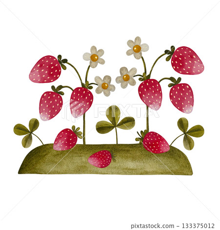 Watercolor strawberry hill. Strawberries, flowers, green stems on green hill isolated on white background. 133375012