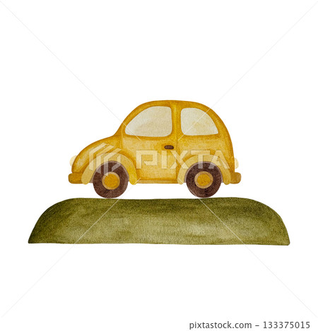 Watercolor yellow car on green hill. Small yellow car on green hill isolated on white background. Watercolor yellow car on green hill. Small yellow car on green hill isolated on white background. 133375015