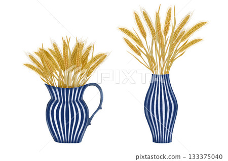 Watercolor wheat bouquet in striped vase. Collection of blue and white vases with golden wheat isolated on white. 133375040