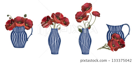 Watercolor poppy bouquet in striped vase. Collection of blue and white vases with red poppies isolated on white. Watercolor poppy bouquet in striped vase. Collection of blue and white vases with red poppies isolated on white. 133375042