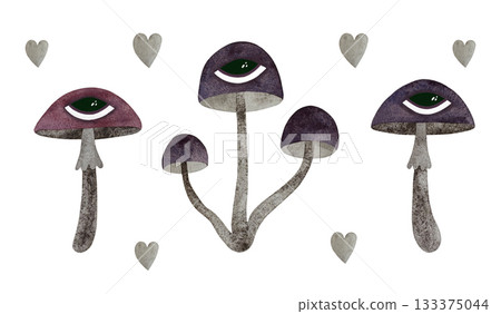 Watercolor fantasy mushrooms. Set of mushrooms in gray, pink, lilac shades with eyes isolated on white. Watercolor fantasy mushrooms. Set of mushrooms in gray, pink, lilac shades with eyes isolated on white. 133375044