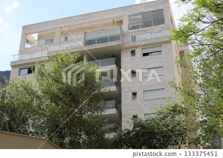Houses in Tel Aviv against a backdrop of tall trees Houses in Tel Aviv against a backdrop of tall trees 133375451