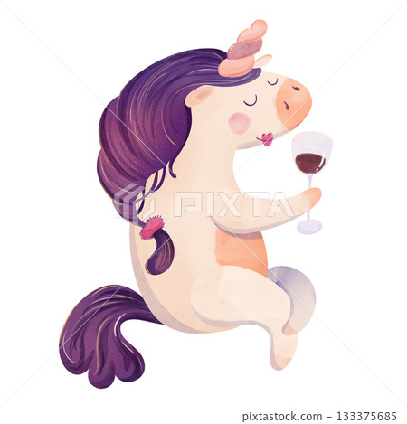 Cute watercolor unicorn. Adorable baby unicorns with purple mane holding wine glass, blushing cheeks. Funny magical design for kids fabric, nursery wallpaper, party decor, stationery, gift wrap 133375685