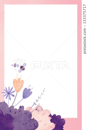 Cute watercolor floral border frame with purple flowers, orange tulip, lavender and flying bees on pink background. Perfect for baby shower invitation, nursery poster, greeting card, kids stationery Cute watercolor floral border frame with purple flowers, orange tulip, lavender and flying bees on pink background. Perfect for baby shower invitation, nursery poster, greeting card, kids stationery 133375717